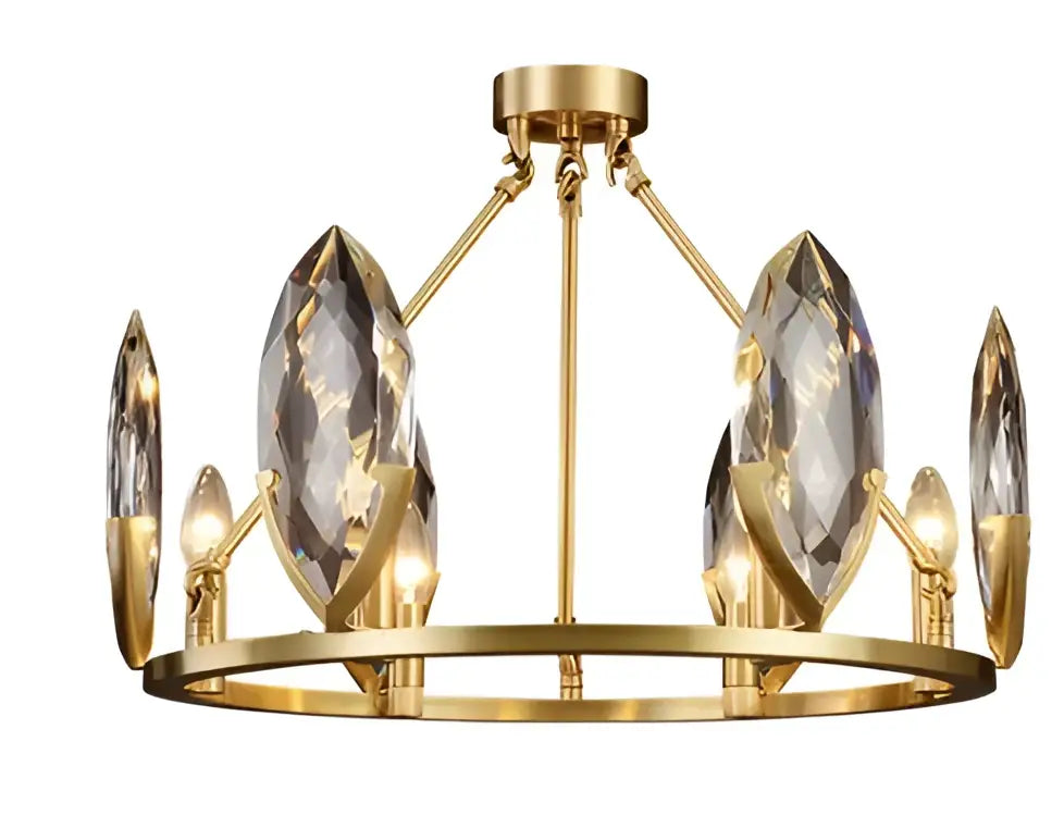 Gold-toned DecorBites crystal chandelier with faceted crystal droplets and candle-style bulbs for luxurious living spaces