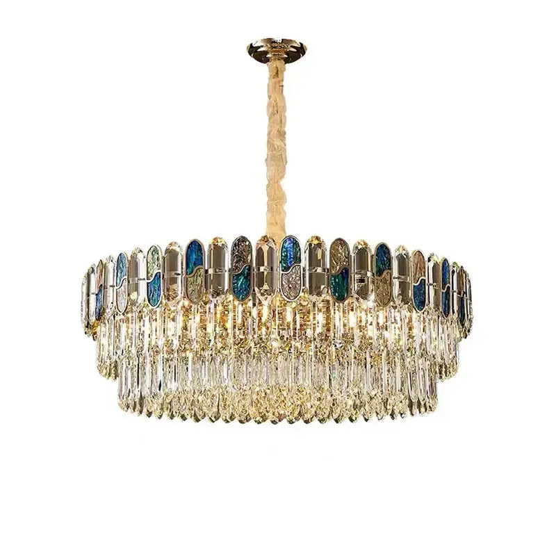 A luxurious gold-toned DecorBites crystal chandelier led lighting with cascading crystal prisms and blue silver panels