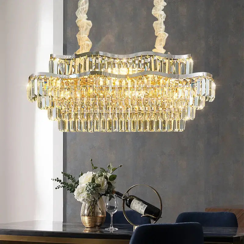 DecorBites crystal chandelier LED lighting with cascading clear and golden crystals on polished chrome arms for luxury rooms