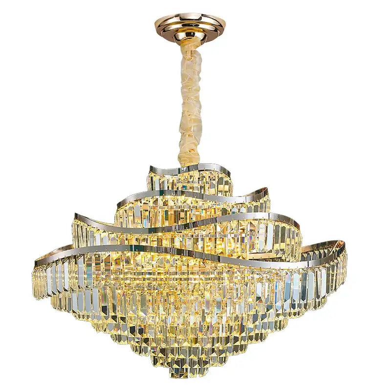 DecorBites crystal chandelier with cascading clear crystal prisms and polished gold silver frames for luxury LED lighting