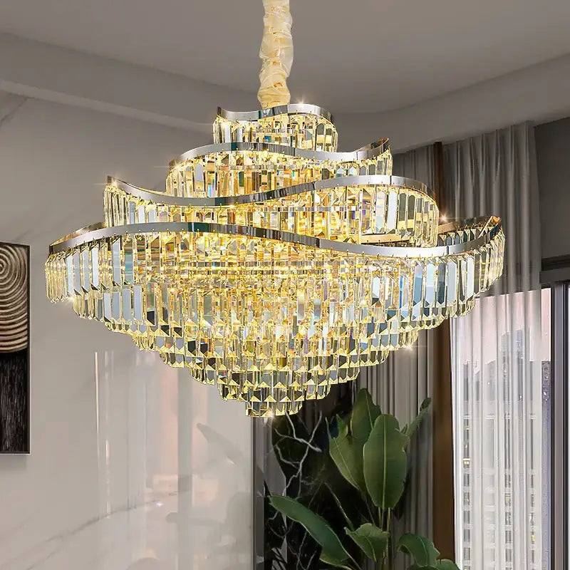 Golden decorbites crystal chandelier led lighting with layered wave-shaped chrome frames and faceted glass elements for luxury rooms