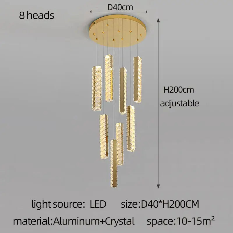 Gold-toned DecorBites crystal chandelier LED with eight crystal-encrusted rectangular lights for mezzanine dining room lighting