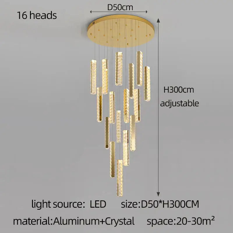 Gold-toned DecorBites crystal chandelier with 16 crystal-encrusted LED heads on aluminum base for mezzanine lighting
