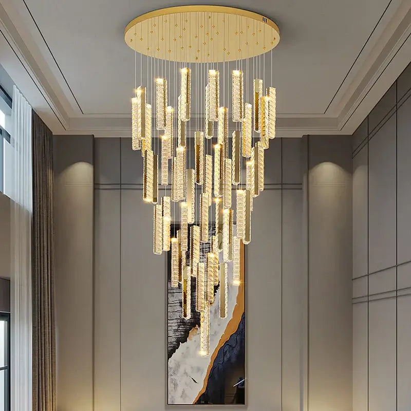 DecorBites crystal chandelier led with gold-toned mount and cascading crystal rods for mezzanine dining room lighting