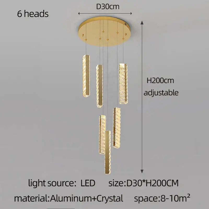 Gold-toned DecorBites crystal chandelier with six crystal-encrusted rectangular LED light heads and aluminum base for mezzanine lighting