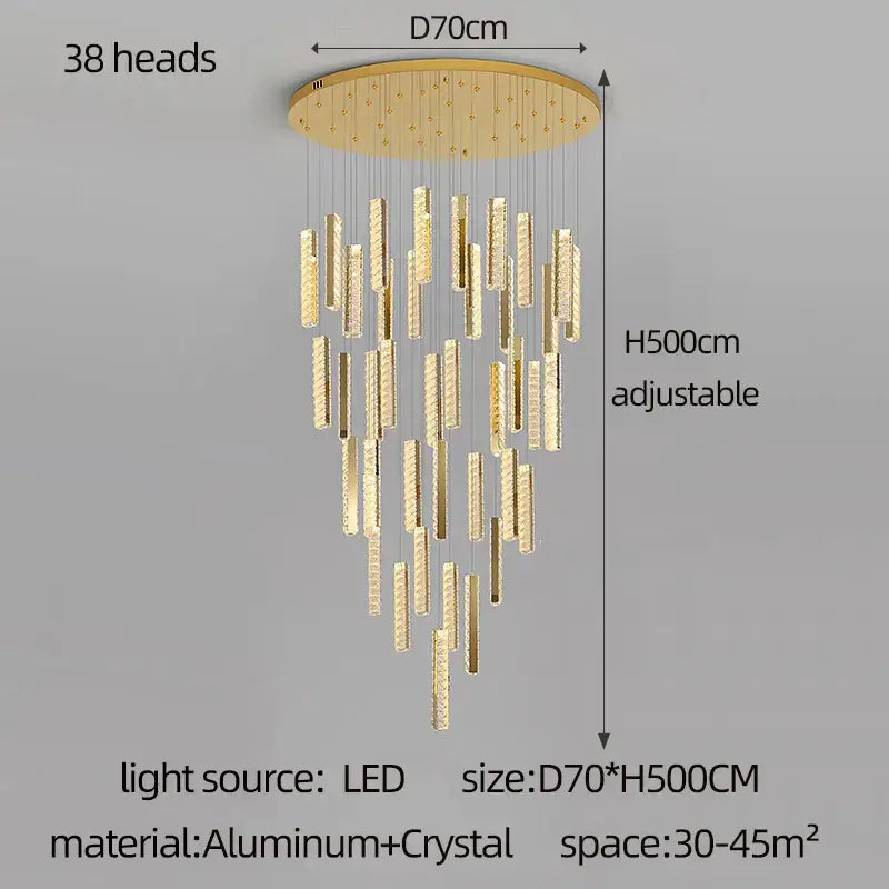 Gold-toned DecorBites crystal chandelier with 38 crystal-encrusted pendants for mezzanine LED dining room lighting