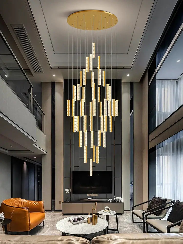 Golden cylindrical decorbites crystal chandelier led with modern minimalist design for mezzanine dining room lighting