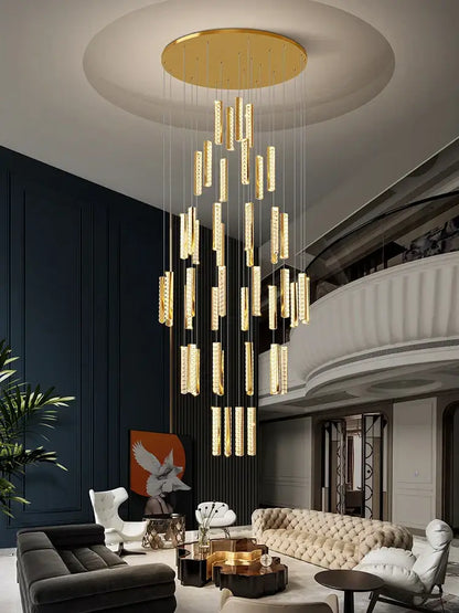Golden cylindrical decorbites crystal chandelier with modern cascading design for mezzanine dining room lighting