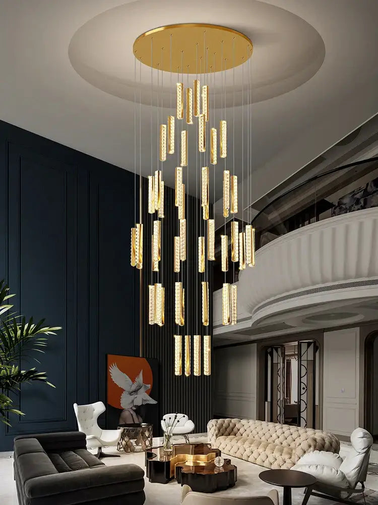 Golden cylindrical decorbites crystal chandelier with modern cascading design for mezzanine dining room lighting