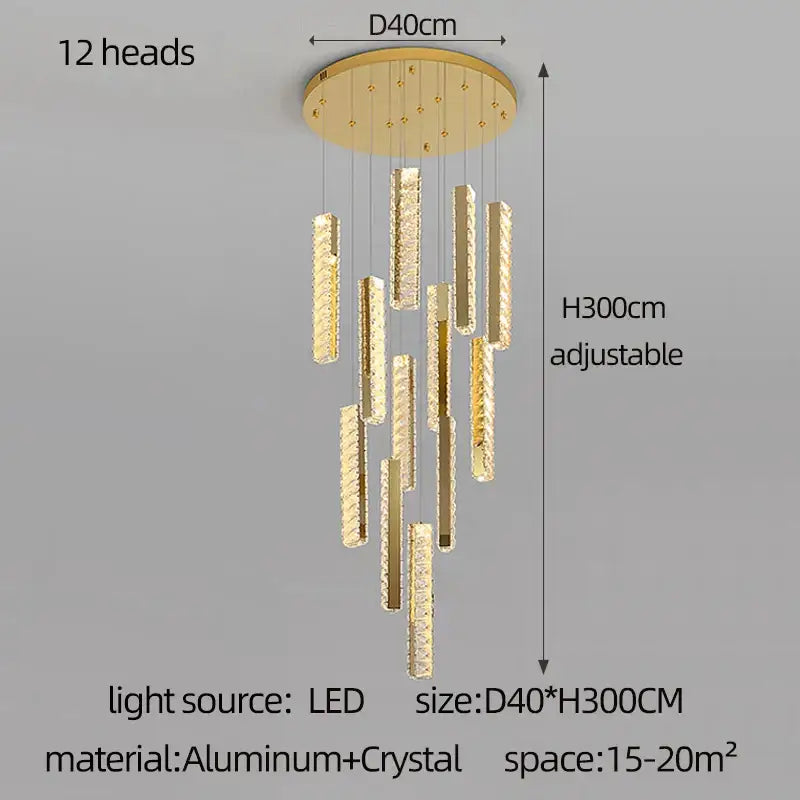 Gold-toned DecorBites crystal chandelier with 12 crystal-encrusted light bars and aluminum base for mezzanine lighting
