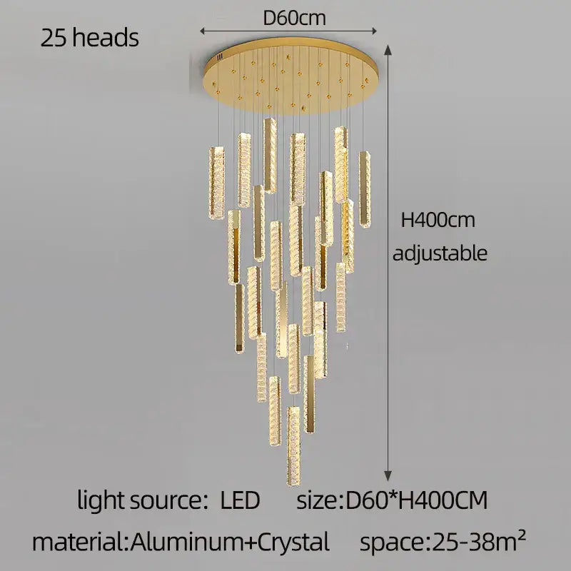 Gold-toned decorbites crystal chandelier led with 25 crystal-encrusted light bars and aluminum circular base for mezzanine lighting