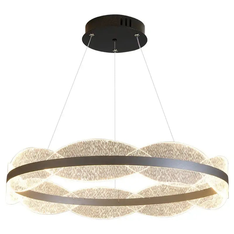 Modern pendant light with black metal frame and textured glass rings by DecorBites crystal chandelier LED design