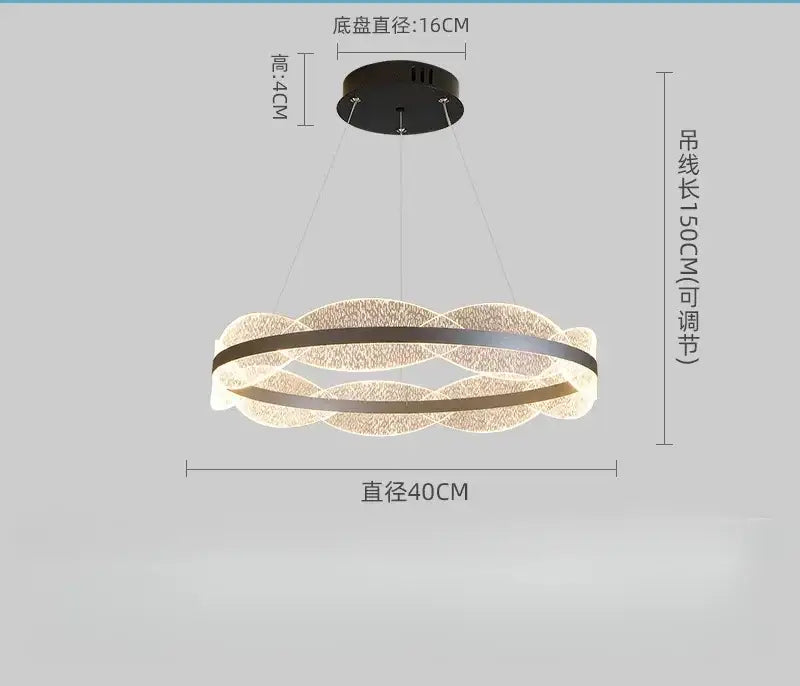 Modern circular decorbites crystal chandelier led pendant light with translucent rings and dark metallic bands for living rooms