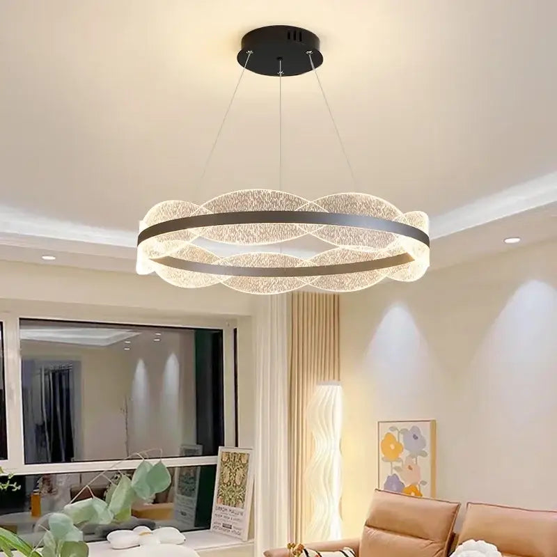 Modern black and clear decorbites crystal chandelier led pendant light with sleek intertwined ring design for living room decor