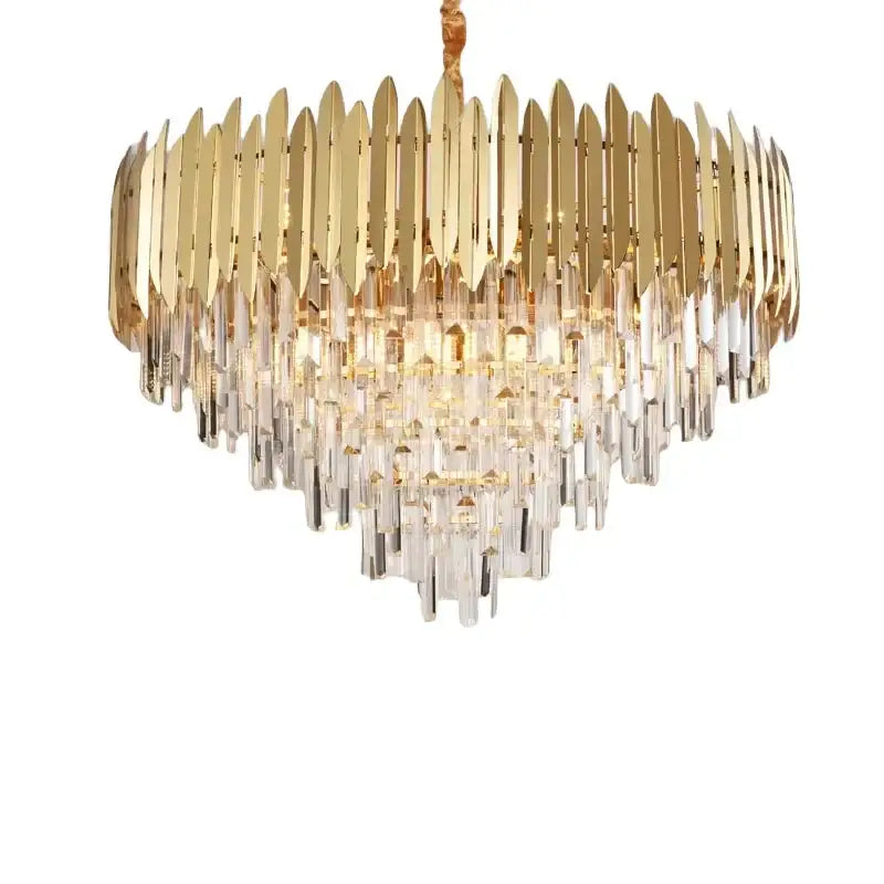 Gold-toned decorbites crystal chandelier pendant light with layered metallic rings and clear crystal prisms for luxury décor