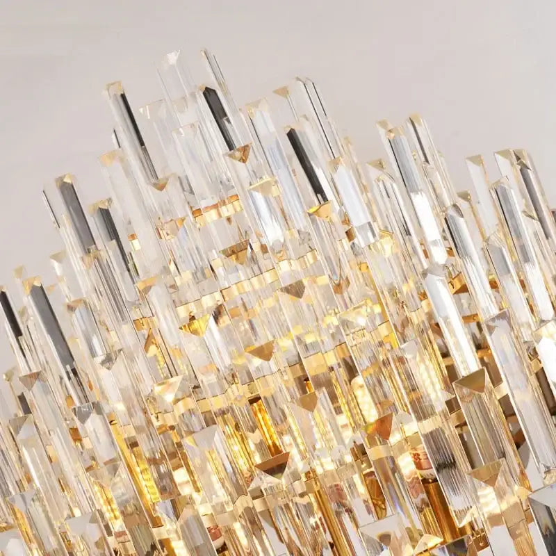 DecorBites crystal chandelier pendant light with cascading clear and gold crystal prisms for luxury living room décor