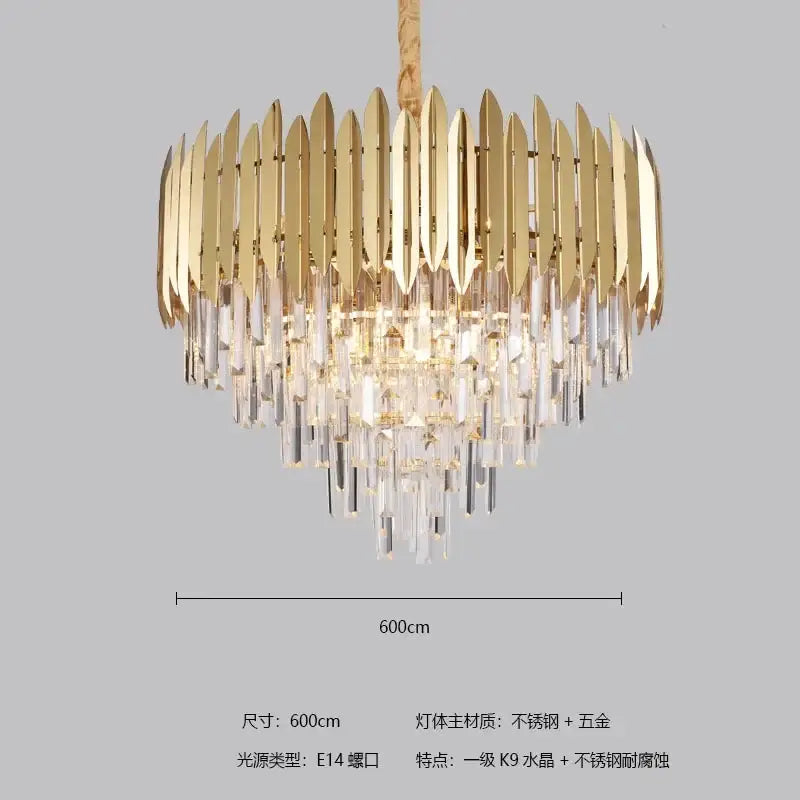 Gold-toned decorbites crystal chandelier pendant light with vertical metallic blades and clear crystal prisms for luxury décor