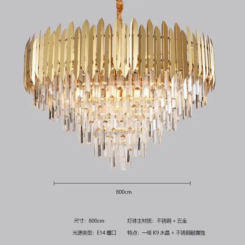 Gold-toned DecorBites crystal chandelier pendant light with cascading clear prisms for luxury living room décor