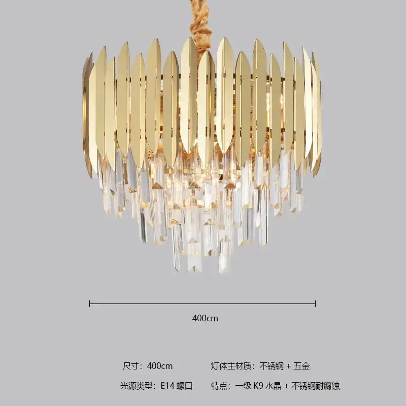 Gold-toned DecorBites crystal chandelier pendant light with sleek metallic blades and cascading clear crystal droplets for luxury décor
