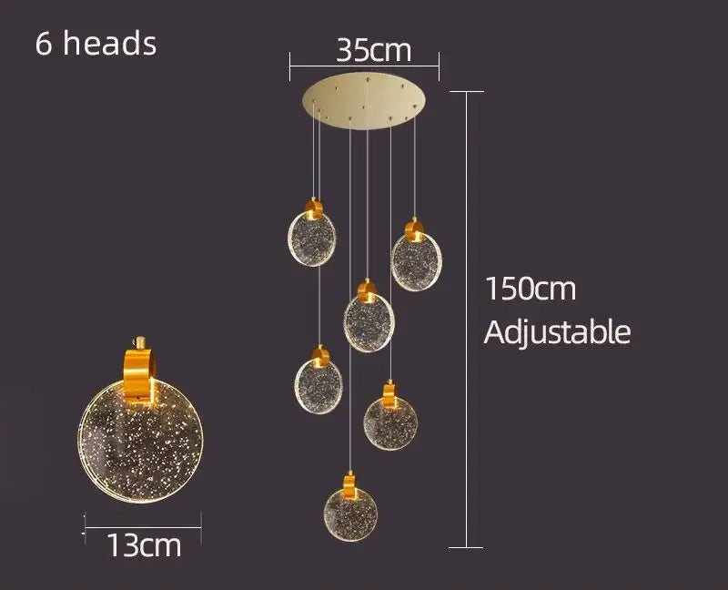 Gold-toned decorbites crystal chandelier pendant light with six speckled glass globes for modern duplex staircase