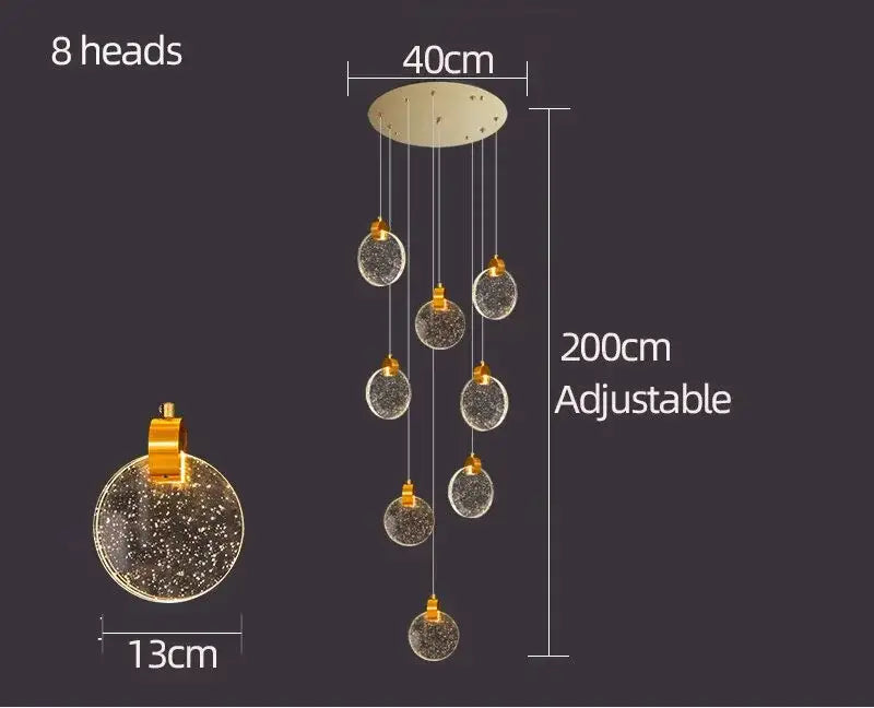 DecorBites crystal chandelier led pendant light with eight golden spherical glass heads for modern staircase lighting