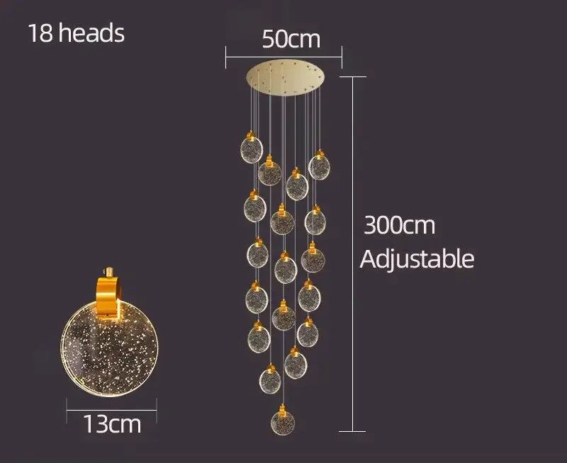 A decorbites crystal chandelier led pendant light with 18 golden glass heads for modern duplex staircases