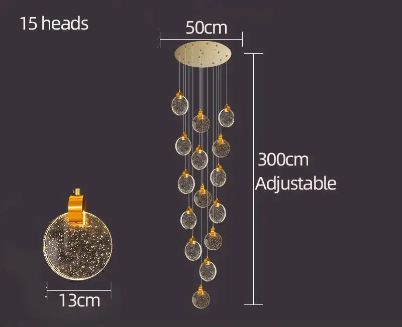 Gold-toned DecorBites crystal chandelier pendant light with 15 textured glass globes for modern staircase lighting