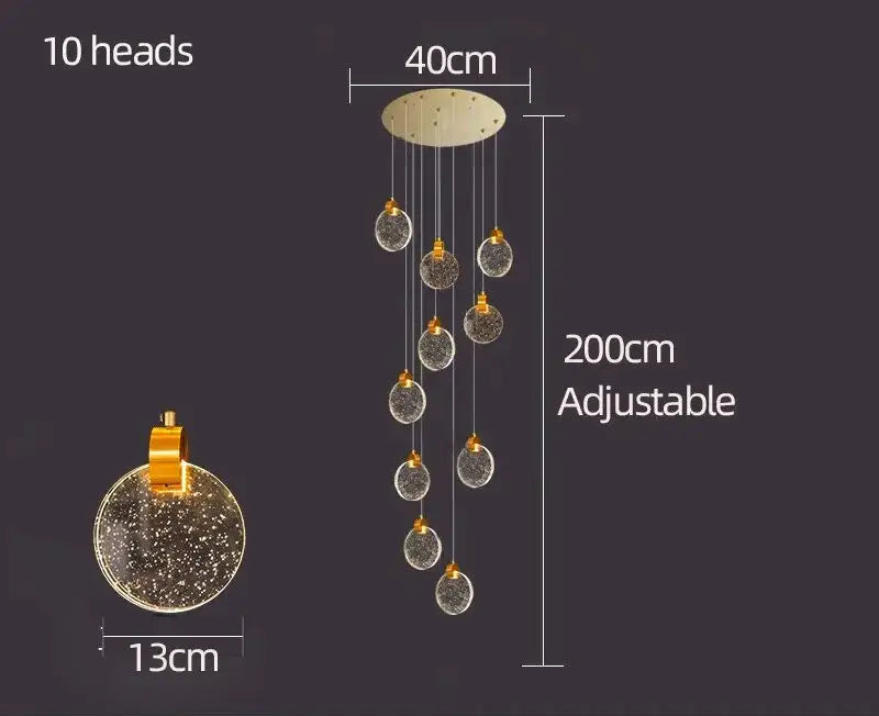 Decorbites crystal chandelier led pendant light with ten golden spherical glass heads and adjustable 200cm chain for staircases