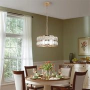 DecorBites crystal chandelier led pendant light with gold metal frame and clear crystal prisms for modern home decor