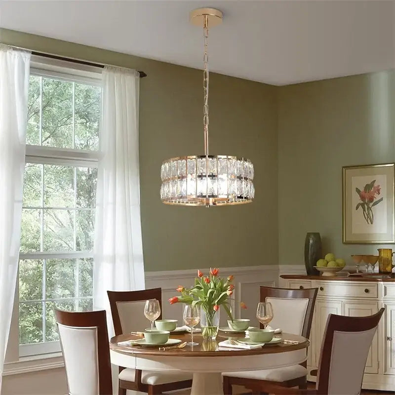 DecorBites crystal chandelier led pendant light with gold metal frame and clear crystal prisms for modern home decor