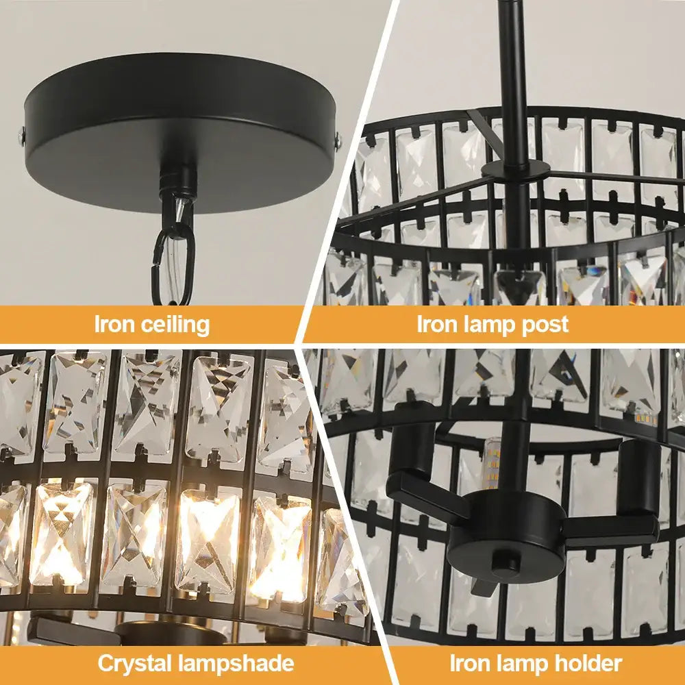 Black iron DecorBites crystal chandelier LED pendant light with cylindrical crystal lampshade for modern decor