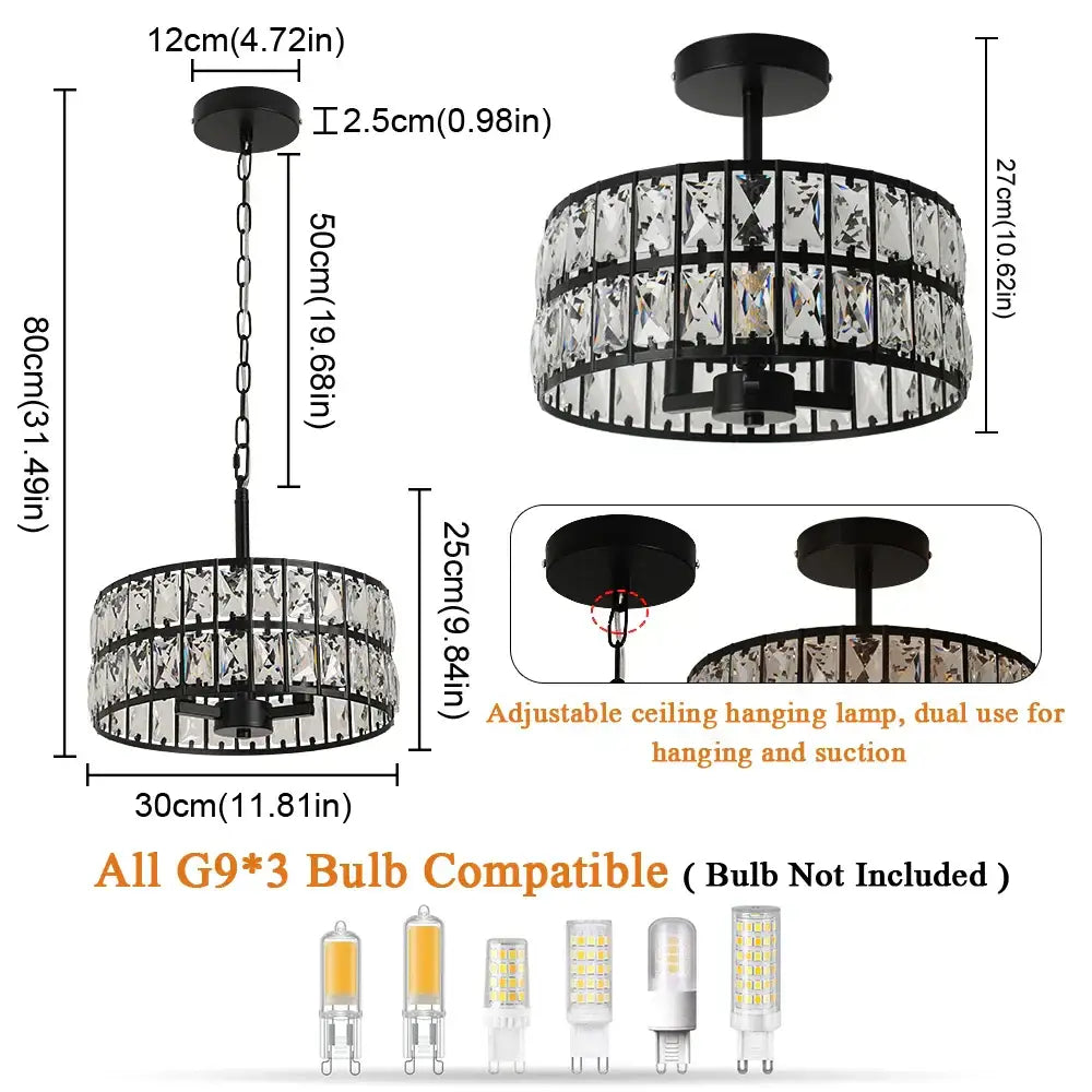 Black metal decorbites crystal chandelier pendant light with clear crystal accents and adjustable hanging mechanism