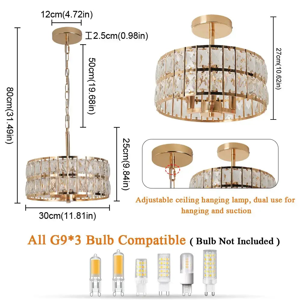 Gold-toned DecorBites crystal chandelier LED pendant light with two tiers of faceted glass for adjustable ceiling hanging