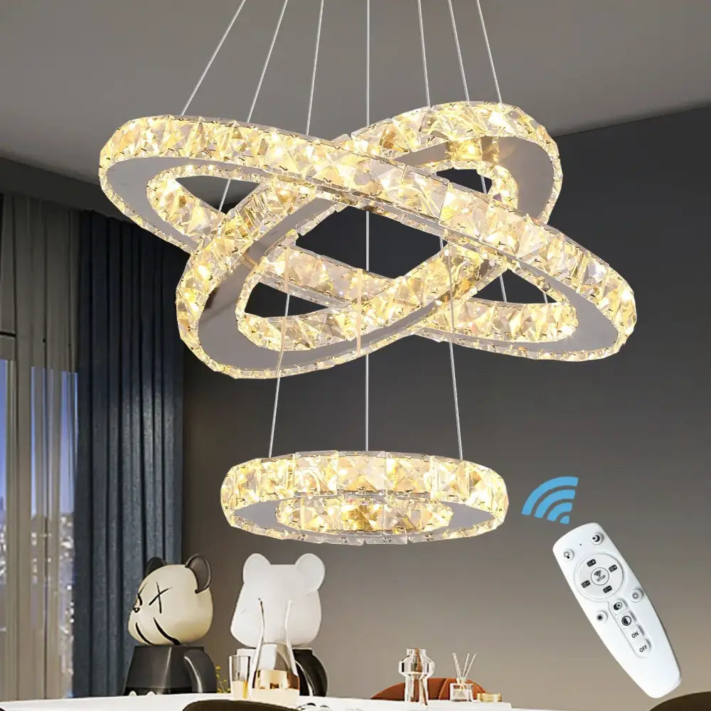 Golden crystal chandelier led pendant with intertwined rings and remote control for living room by decorbites crystal chandelier