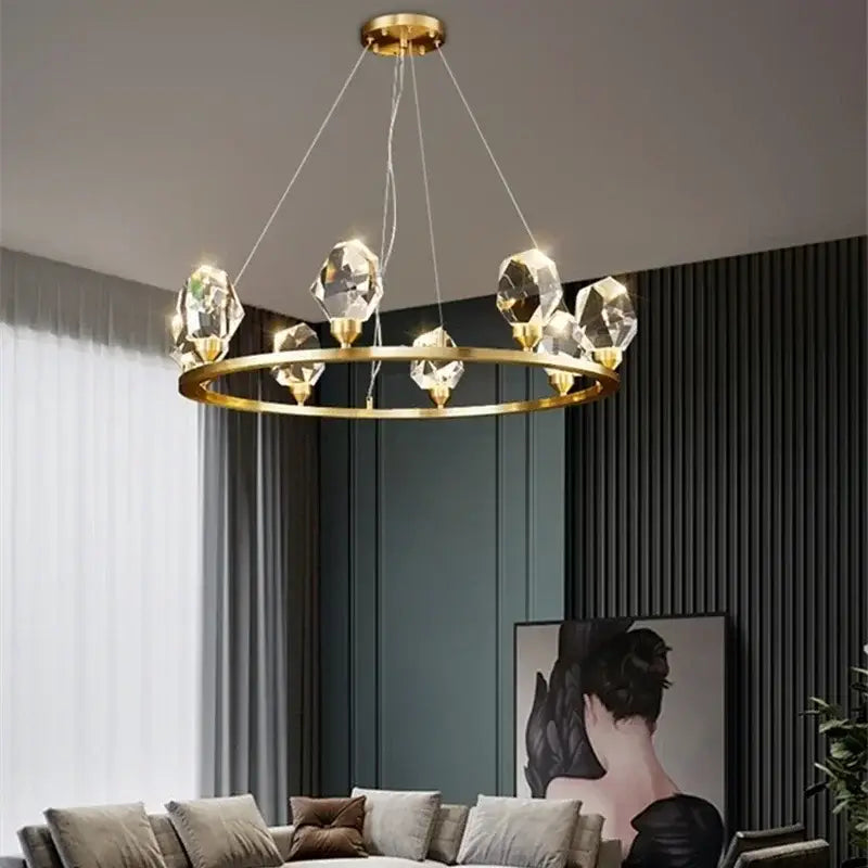 Gold-toned DecorBites crystal chandelier pendant lights with faceted crystal droplets LED lighting for indoor use