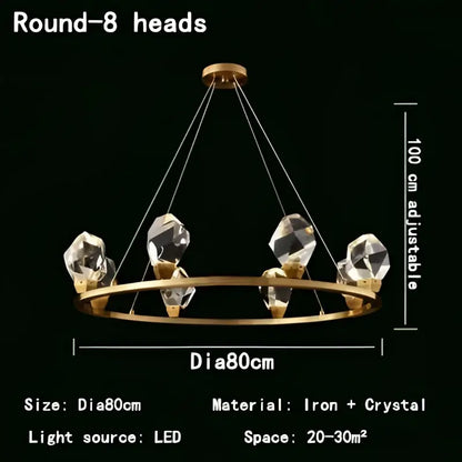 Gold-toned decorbites crystal chandelier pendant lights with eight faceted crystal led lights suspended by thin wires