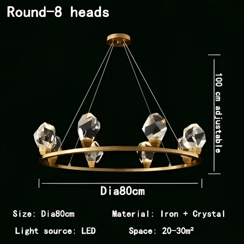 Gold-toned decorbites crystal chandelier pendant lights with eight faceted crystal led lights suspended by thin wires