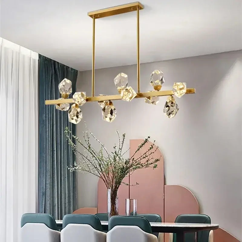 Gold-toned DecorBites crystal chandelier LED pendant lights with faceted crystal pendants for modern indoor lighting