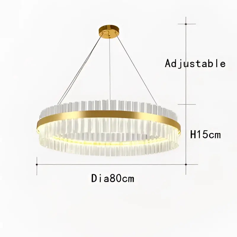 Gold-toned DecorBites crystal chandelier led ring with clear crystal rods suspended by adjustable cables for dining living bedroom