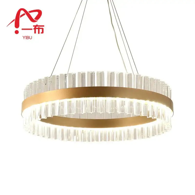 Decorbites crystal chandelier gold-toned circular design with clear crystal rods and illuminated led rings for dining room decor