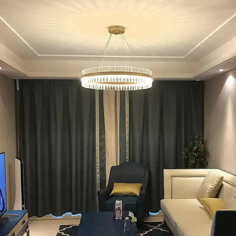 A decorbites crystal chandelier led ring lamp with gold ceiling mount and clear faceted crystals for dining room decor