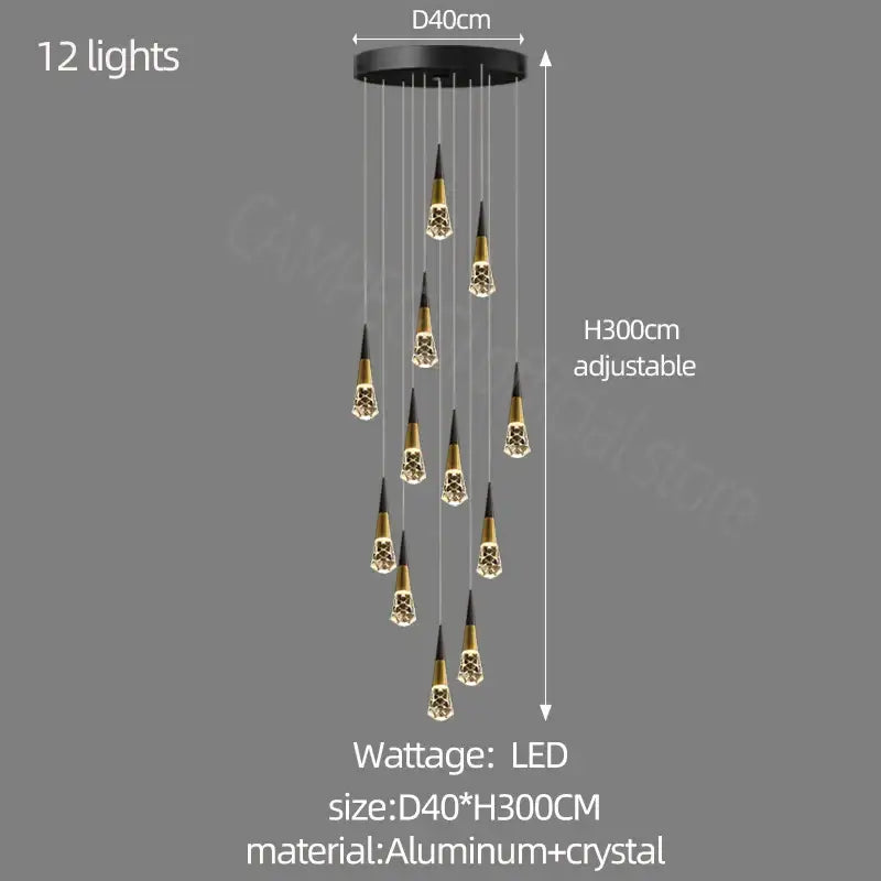 Black and gold crystal chandelier led with 12 adjustable lights by decorbites for staircase and elegant interiors