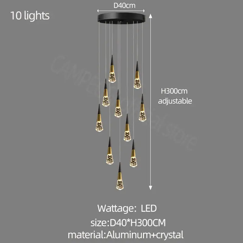Decorbites crystal chandelier led with black and gold pendant and ten crystal lights for staircase and living room lighting