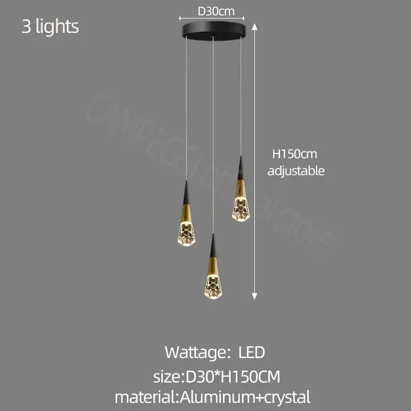 DecorBites crystal chandelier led black and gold crystal pendant light with adjustable height for staircase and living room