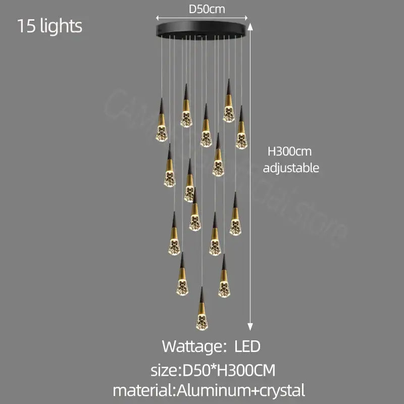 Decorbites crystal chandelier black and gold crystal pendant with 15 led lights for staircase and living room decor