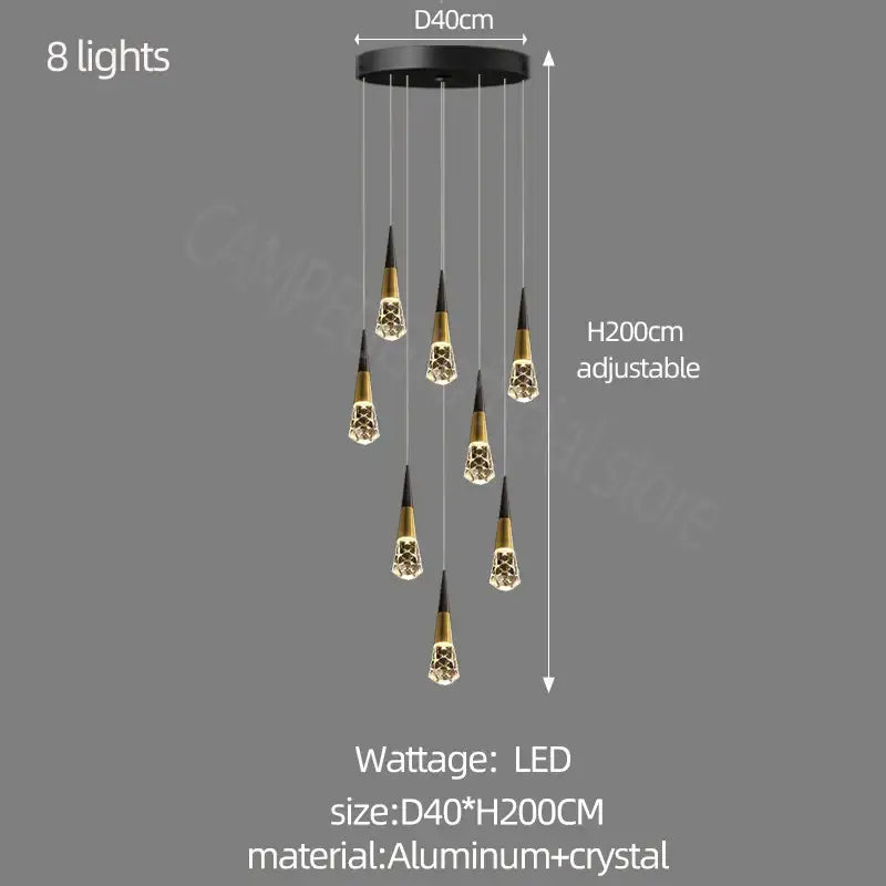 Black and gold DecorBites crystal chandelier LED with eight crystal pendant lights for staircase and elegant living spaces