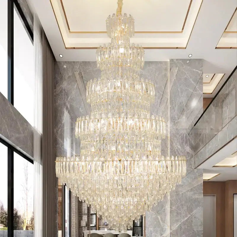 DecorBites crystal chandelier light with cascading clear glass prisms and gold-toned frame for elegant lighting