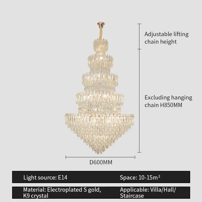 DecorBites crystal chandelier light with cascading k9 crystal prisms and gold electroplated accents for elegant villa lighting