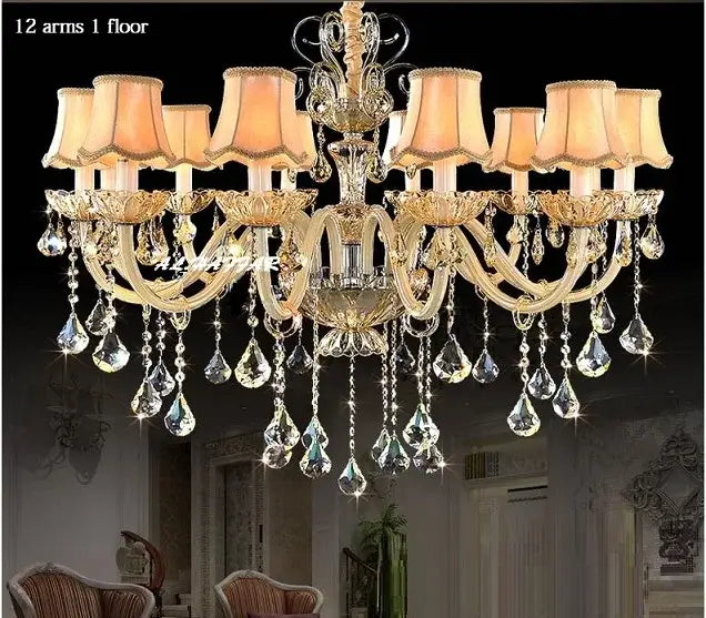 Golden ornate decorbites crystal chandelier light with twelve arms crystal pendants and warm lampshades for luxury living