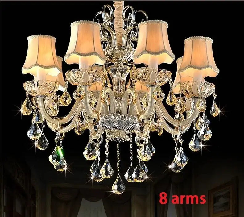 Elegant decorbites crystal chandelier light with eight arms teardrop crystals and warm-toned lampshades for modern luxury
